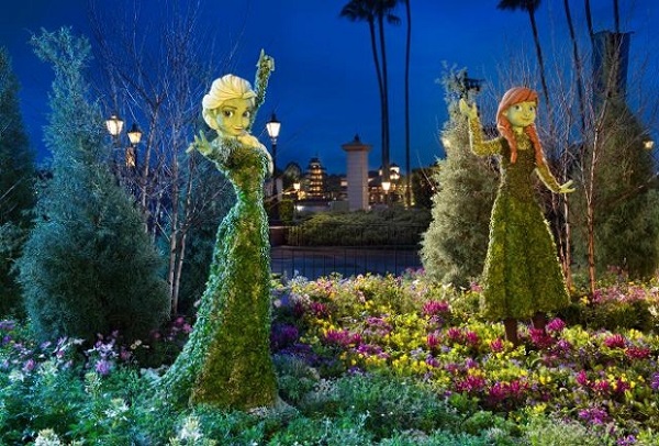 2015 Epcot flower garden festival Anna and Elsa topiaries night