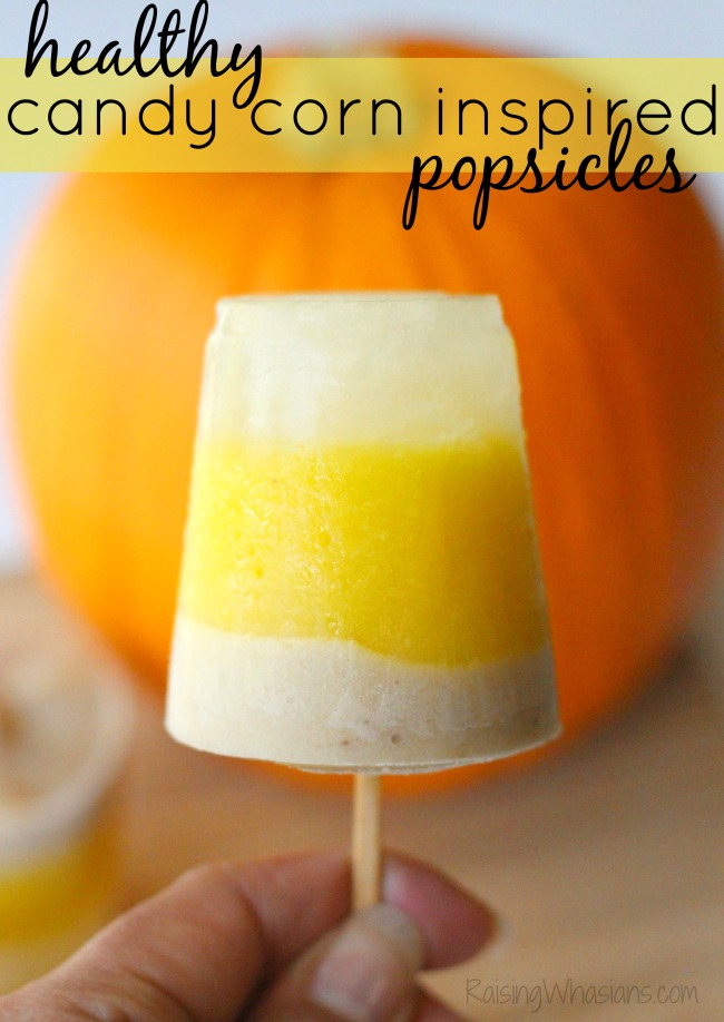 Healthy Candy Corn Inspired Popsicles Perfect fall dessert for kids. This easy recipe is one that is sure to be a halloween treat or a thanksgiving treat you won't regret. #Dessert #FallDessert #Thanksgiving #ForKids