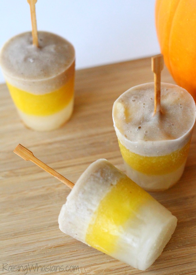 Healthy Candy Corn Inspired Popsicles Perfect fall dessert for kids. This easy recipe is one that is sure to be a halloween treat or a thanksgiving treat you won't regret. #Dessert #FallDessert #Thanksgiving #ForKids