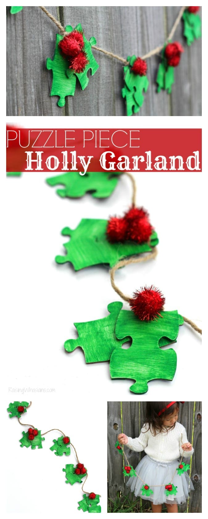Upcycled puzzle piece Christmas craft Puzzle Piece Holly Garland Christmas Kids Craft | make this easy upcycled kids craft for the holidays using old puzzle pieces! #Christmas #Craft #KidsCraft