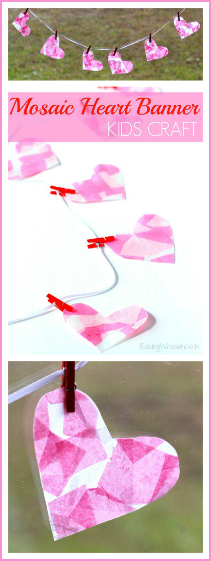 Mosaic Heart Valentine's Day Banner Kids Craft - Raising Whasians Mosaic Valentine's day banner kids craft pinterest Mosaic Heart Valentine's Day Banner Kids Craft | make this adorable and easy Valentine's day craft for kids. Perfect heart banner to hang in the window. #kidscraft #valentines #DIY #Crafts