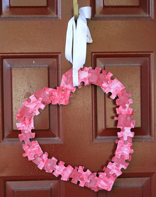 Mosaic heart Valentine's day banner kids craft Puzzle wreath Valentines day