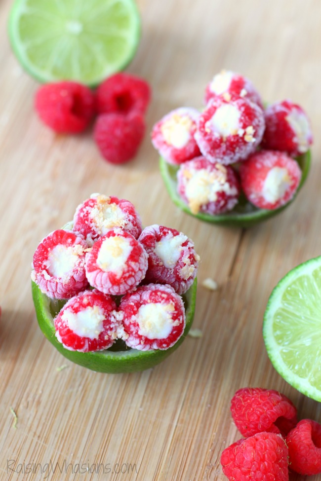 Frozen Key Lime Pie Raspberry Bites | Easy kid-friendly snack idea that's perfect for summer! Key lime pie meets raspberries in a bite sized frozen treat! #Dessert #Appetizer #Recipe