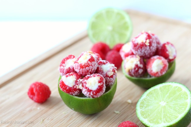 Frozen Key Lime Pie Raspberry Bites | Easy kid-friendly snack idea that's perfect for summer! Key lime pie meets raspberries in a bite sized frozen treat! #Dessert #Appetizer #Recipe