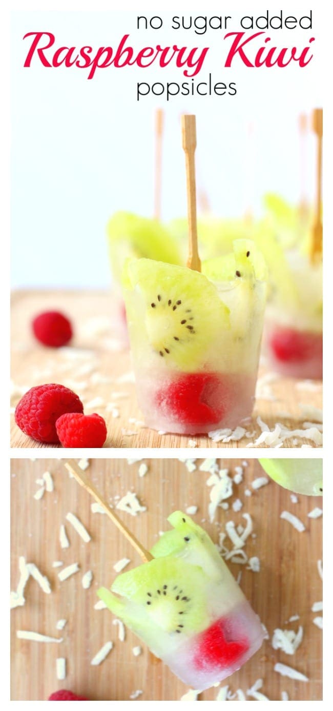 No Sugar Added Raspberry Kiwi Popsicles |Easy, Paleo, Gluten Free, Naturally Sweetened Popsicles, perfect for kids summer treats! Raspberry & Kiwi #Recipe #SugarFreeRecipe