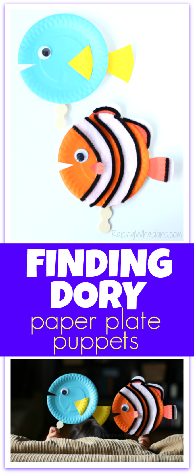 Finding Dory craft paper plate puppets Finding Dory Craft Paper Plate Puppets #FindingDoryEvent | Easy DIY Finding Dory Craft Idea with paper plates & Disney inspiration. Make Nemo & Dory #FindingNemo #FindingDory #Disney #Craft #PartyPlanning #DIY #DisneyParty #DisneyDIY