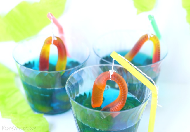 Fishing dessert Gone Fishing Party Jello Dessert | Make this cute and easy dessert Jell-O cups for your next fishing themed party, complete with DIY fishing pole #PartyPlanning #Recipe