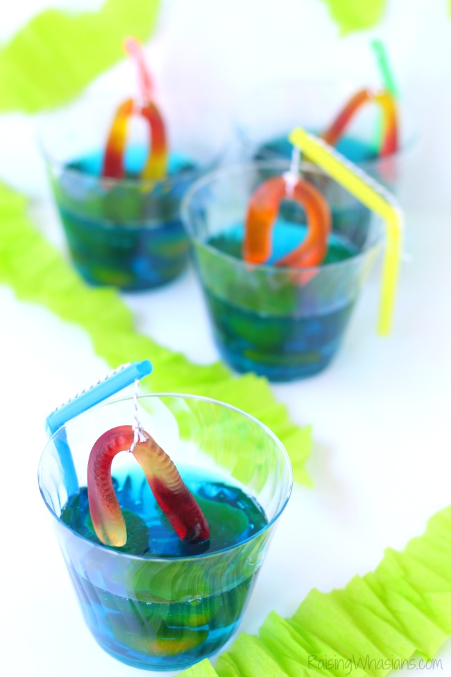 Gone Fishing Party Jello Dessert Gone fishing party cups Gone Fishing Party Jello Dessert | Make this cute and easy dessert Jell-O cups for your next fishing themed party, complete with DIY fishing pole #PartyPlanning #Recipe