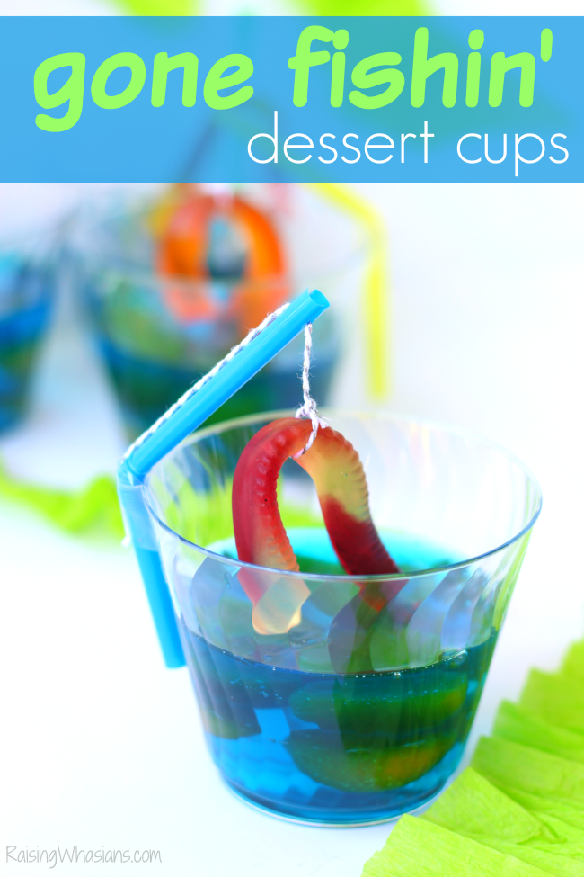 Gone fishing party jello dessert Gone Fishing Party Jello Dessert | Make this cute and easy dessert Jell-O cups for your next fishing themed party, complete with DIY fishing pole #PartyPlanning #Recipe