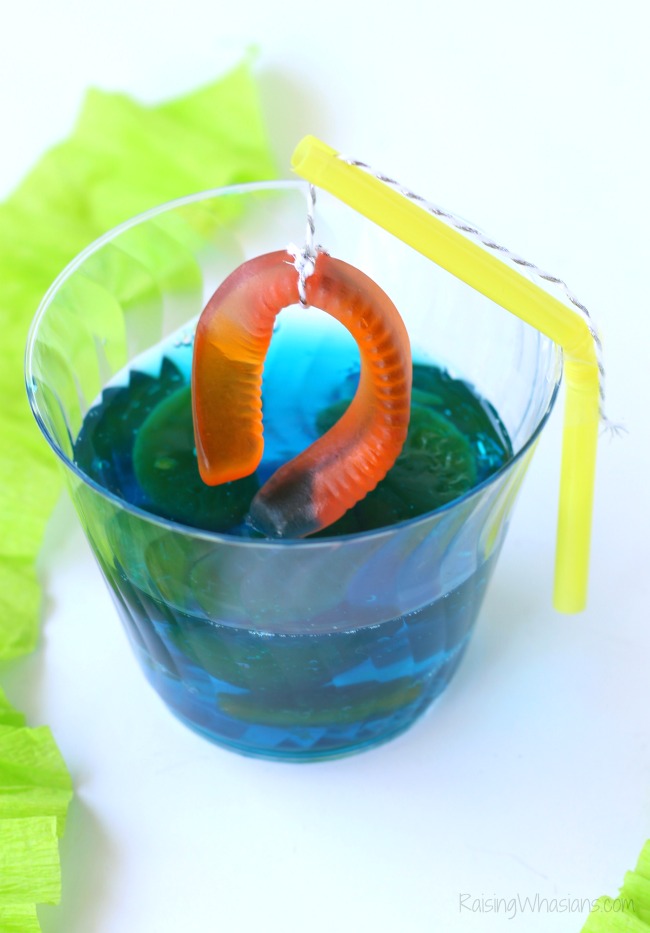 Jello dessert fishing Gone Fishing Party Jello Dessert | Make this cute and easy dessert Jell-O cups for your next fishing themed party, complete with DIY fishing pole #PartyPlanning #Recipe