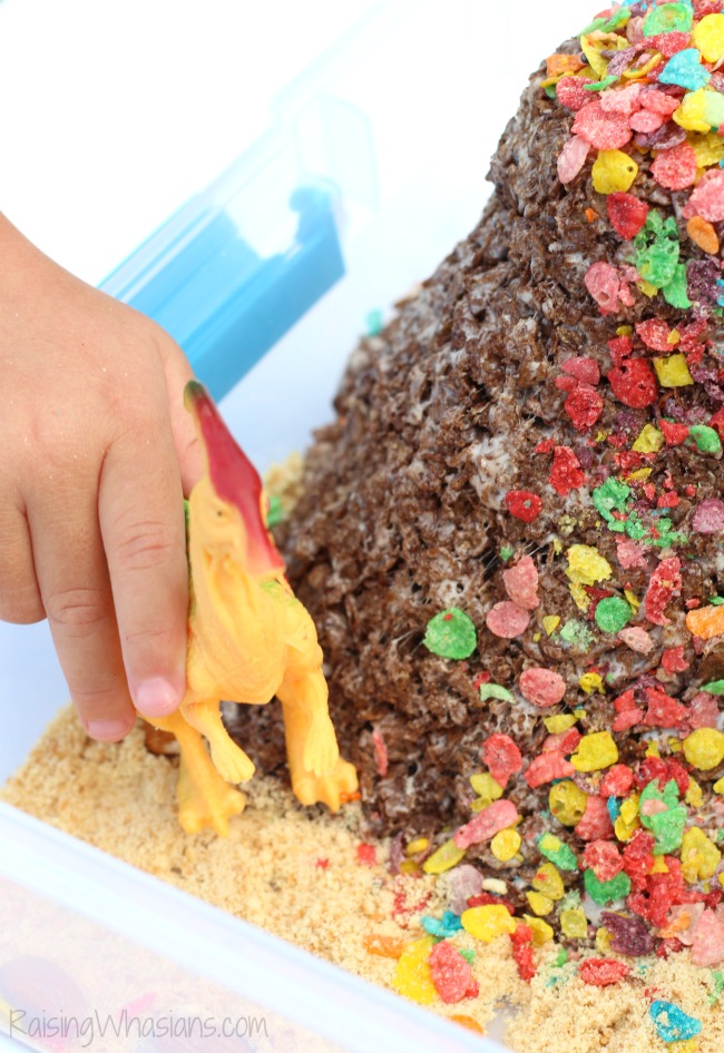 Dinosaur Sensory Bin with Edible Volcano Raising Whasians