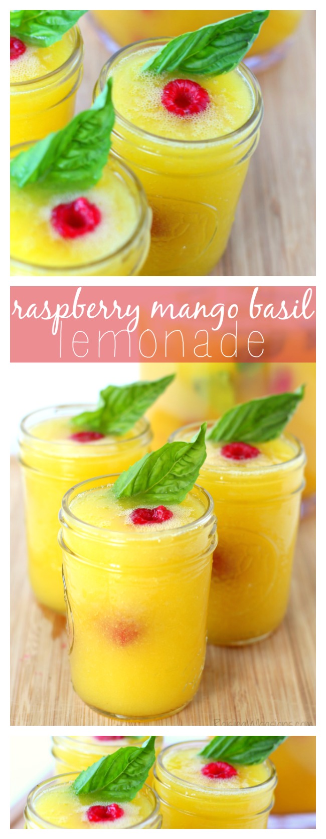 Raspberry Mango Basil Lemonade | Cool off with this refreshing non-alcohol drink featuring fresh fruit flavors, perfectly kid-friendly! #Recipe #DrinkRecipe #PartyPlanning