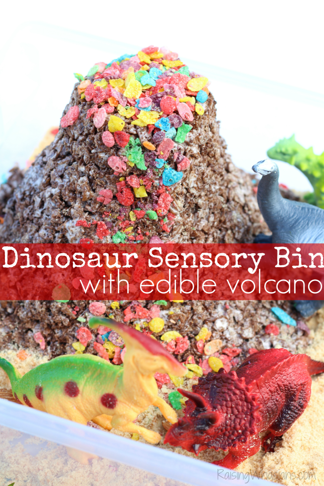 Easy dinosaur sensory bin volcano