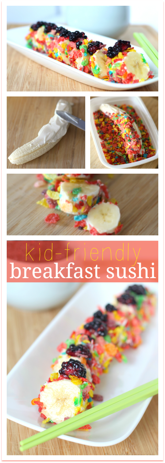 Kid Friendly Breakfast Sushi Recipe | Quick and FUN kids breakfast idea - perfect for back-to-school! Yummy Breakfast Sushi for kids with Fruity Pebbles - Perfect for your back to school meal plan or as part of a kids brunch party. Would also make a great after school snack.