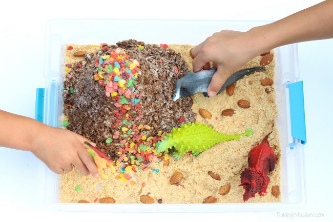 Dinosaur sensory bin volcano diy