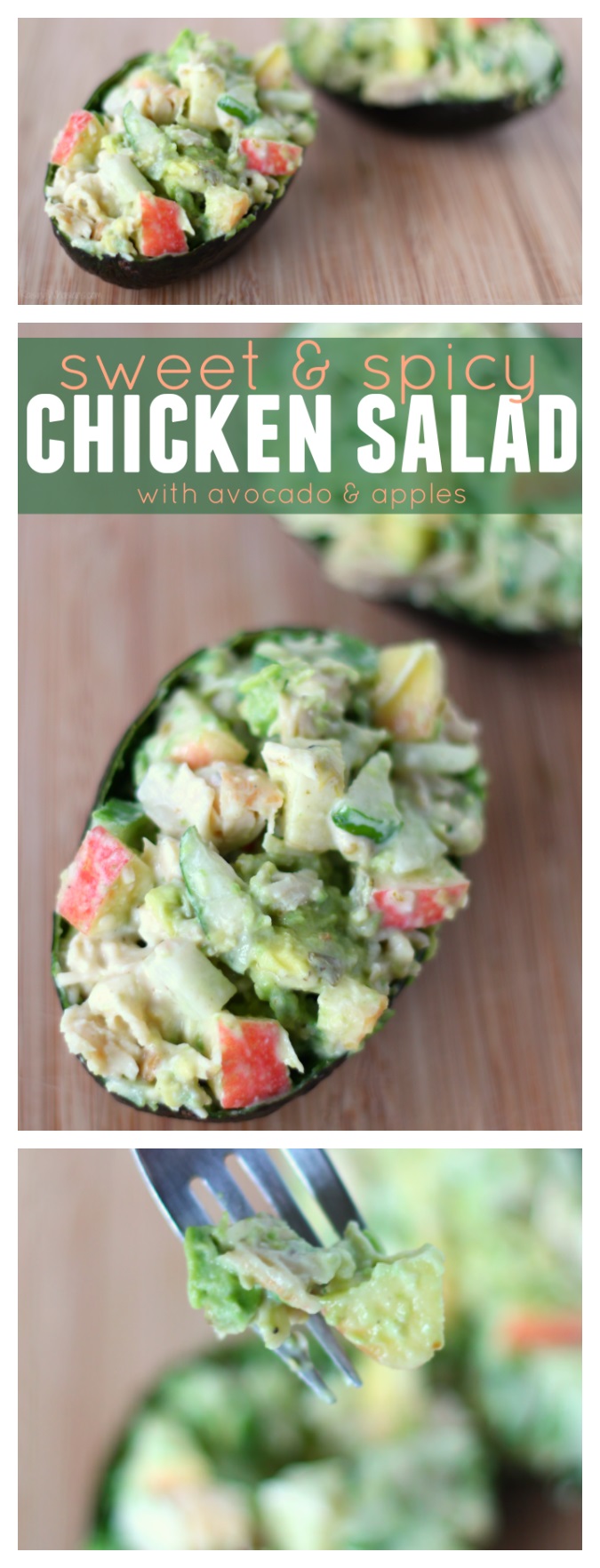 5-Minute Sweet and Spicy Chicken Salad - RaisingWhasians.com 5-Minute Sweet and Spicy Chicken Salad | Fresh Avocado, Apples and a spicy dressing make this chicken salad recipe delicious in under 5-minutes #Recipe #Salad #Appetizer