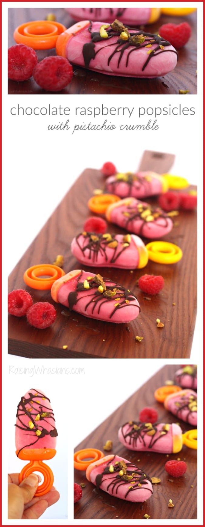 Say hello to summer with Chocolate Raspberry Popsicles with Pistachio Crumble | sweet, tart, crunchy & savory with a healthy twist. This summer recipe is a must for summer family fun! #HealthyRecipe #Recipe #Healthy #Dessert #SummerRecipe