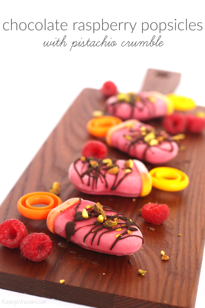Say hello to summer with Chocolate Raspberry Popsicles with Pistachio Crumble | sweet, tart, crunchy & savory with a healthy twist. This summer recipe is a must for summer family fun! #HealthyRecipe #Recipe #Healthy #Dessert #SummerRecipe