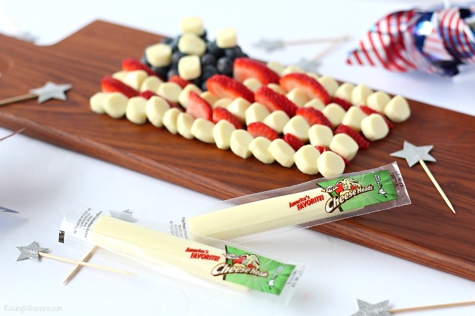 Kid-Approved Fourth of July Cheese Platter - Raising Whasians String cheese American flag Celebrate Independence Day with a Fourth of July Cheese Platter, Kid-Approved! Perfect healthy appetizer/snack for your family party, American Flag inspired #IndependenceDay #FourthofJuly #Recipe #Snack #HealthyRecipe #Appetizer