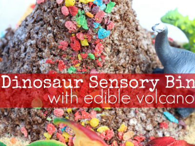 Dinosaur sensory bin with edible volcano
