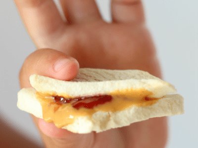 Mini PBJ apple chip sandwiches