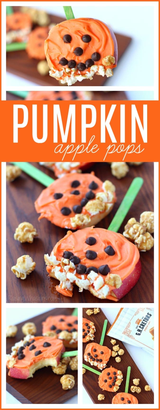 Pumpkin apple pops pinterest Need a festive fall snack that kids love? Try these Pumpkin Apple Pops for a fun Jack-O-Lantern inspired snack, featuring G.H. Cretors Popcorn #Snack #Halloween #Recipe 