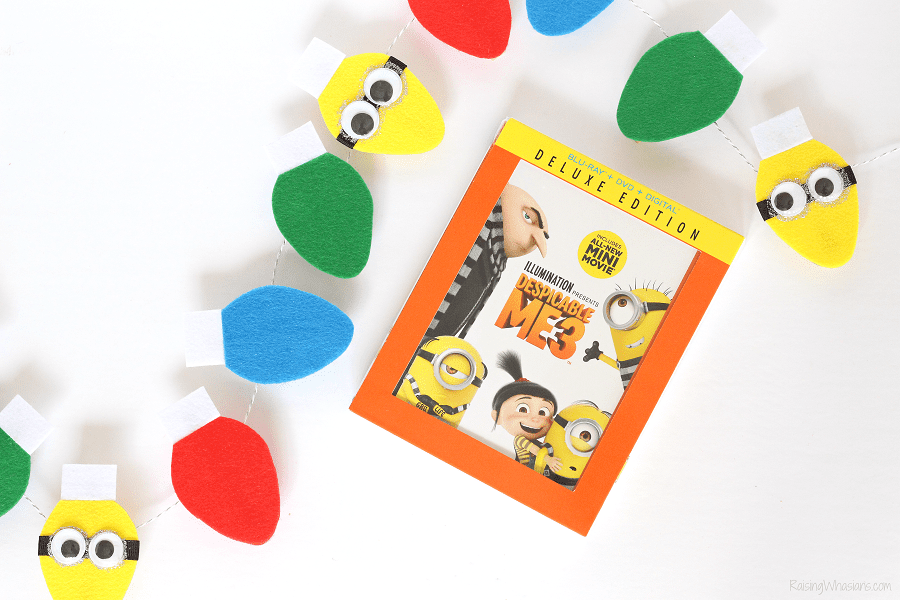 Festive DIY Minions Garland for a (NON) Despicable Christmas Card Display - Raising Whasians Christmas lights garland kids craft