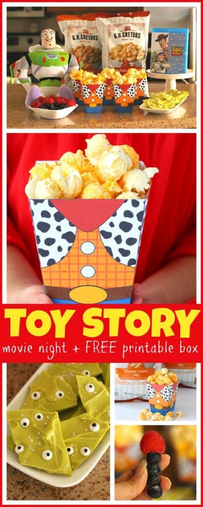 Grab the family for these Easy Toy Story Movie Night Ideas! Your Disney bunch will love these simple Toy Story themed food ideas (including new G.H. Cretors Popcorn flavors) + FREE Printable Woody Popcorn Box! - #ToyStory #MovieNight #PartyPlanning