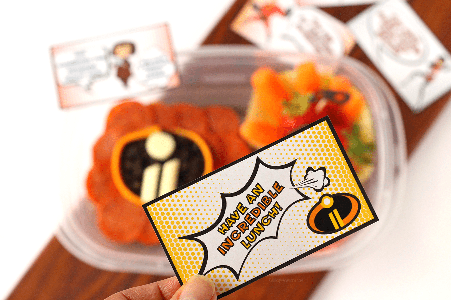 FREE Incredibles 2 Lunch Notes Printable + Incredible Bento Box Idea | Get ready for Disney Pixar's Incredibles 2 movie with this fun & easy kids lunch idea + free lunchbox notes featuring Mr. Incredible, Elastigirl, Edna & more. #Incredibles2 #FrigoCheeseHeads #Disney #FreePrintables #lunchbox #BentoBox