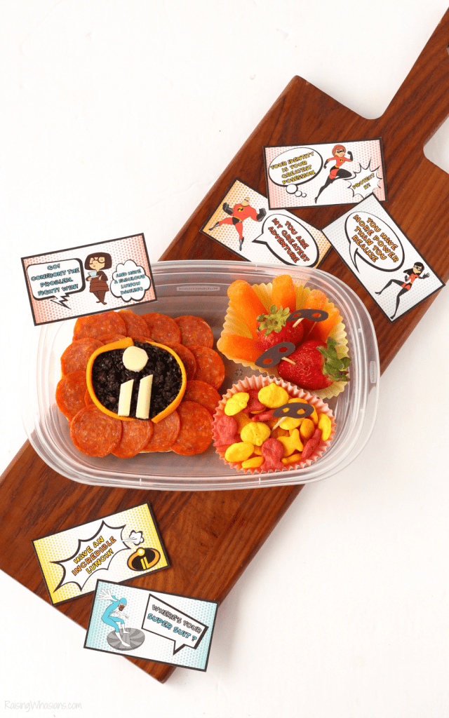 FREE Incredibles 2 Lunch Notes Printable + Incredible Bento Box Idea | Get ready for Disney Pixar's Incredibles 2 movie with this fun & easy kids lunch idea + free lunchbox notes featuring Mr. Incredible, Elastigirl, Edna & more. #Incredibles2 #FrigoCheeseHeads #Disney #FreePrintables #lunchbox #BentoBox