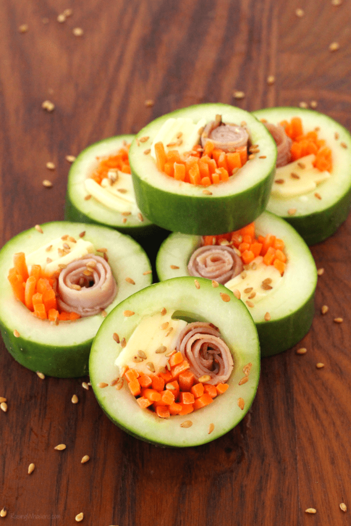 Kid Friendly Cucumber Sushi for Back-to-School | Quick & fun kids lunchbox idea - perfect for school lunches! Healthy & easy gluten & sandwich free recipe - This school lunch recipe would be perfect for a gluten free meal plan or as an appetizer for a party. #GlutenFree #GlutenFreeRecipe #LunchBox #LunchBoxRecipe #MealPlan #appetizer