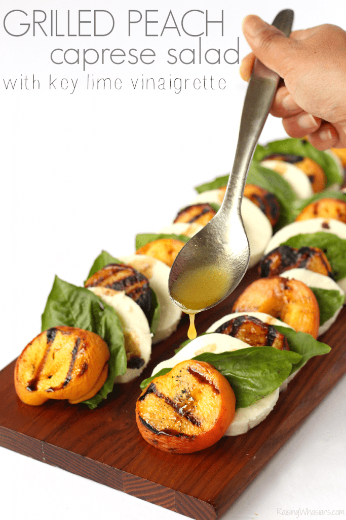 Easy peach salad Grilled Peach Caprese Salad with Easy Key Lime Vinaigrette | Florida flavor inspired idea with homemade dressing. Made with a secret ingredient, FL peaches! #Recipe #Salad #HealthyRecipe